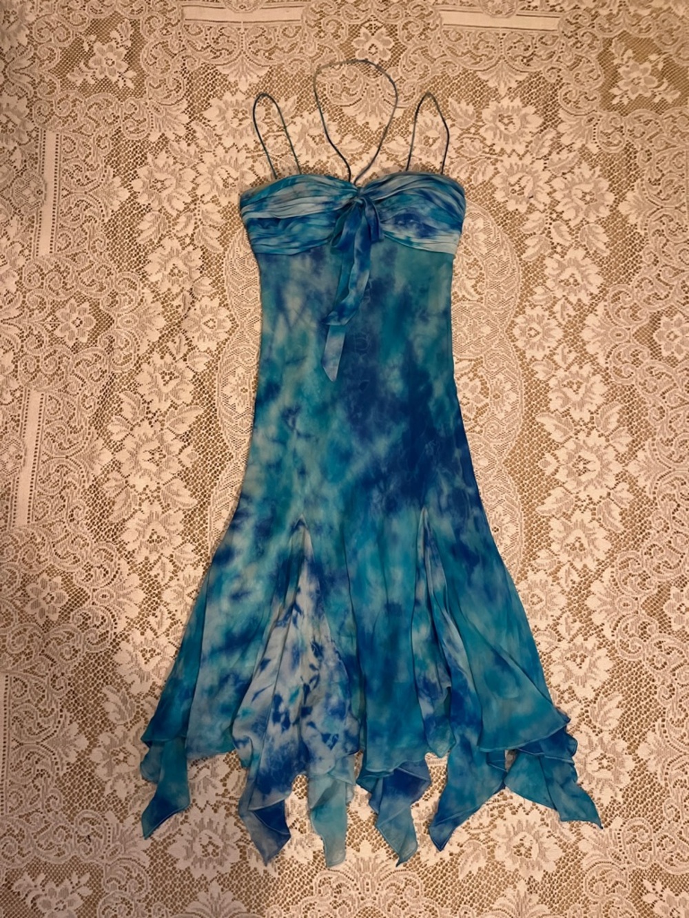 Cache 100% Silk Tie Dye Mermaid Midi Dress, Aqua Blue, Size 6 - Picture 4 of 9